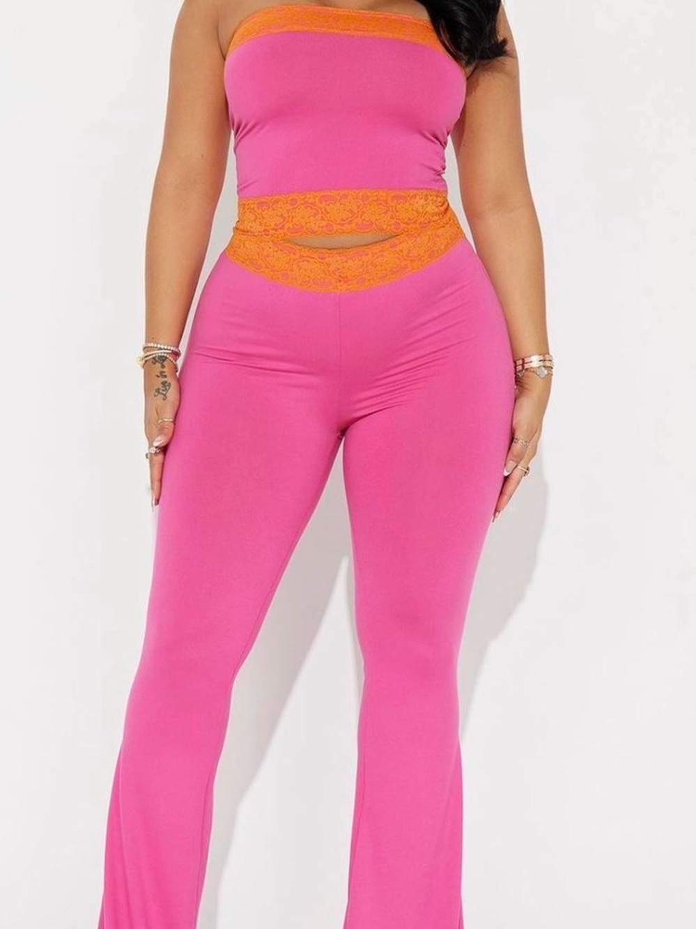 Fashion Nova Pink Strapless Jumpsuit with Orange Lace Trim